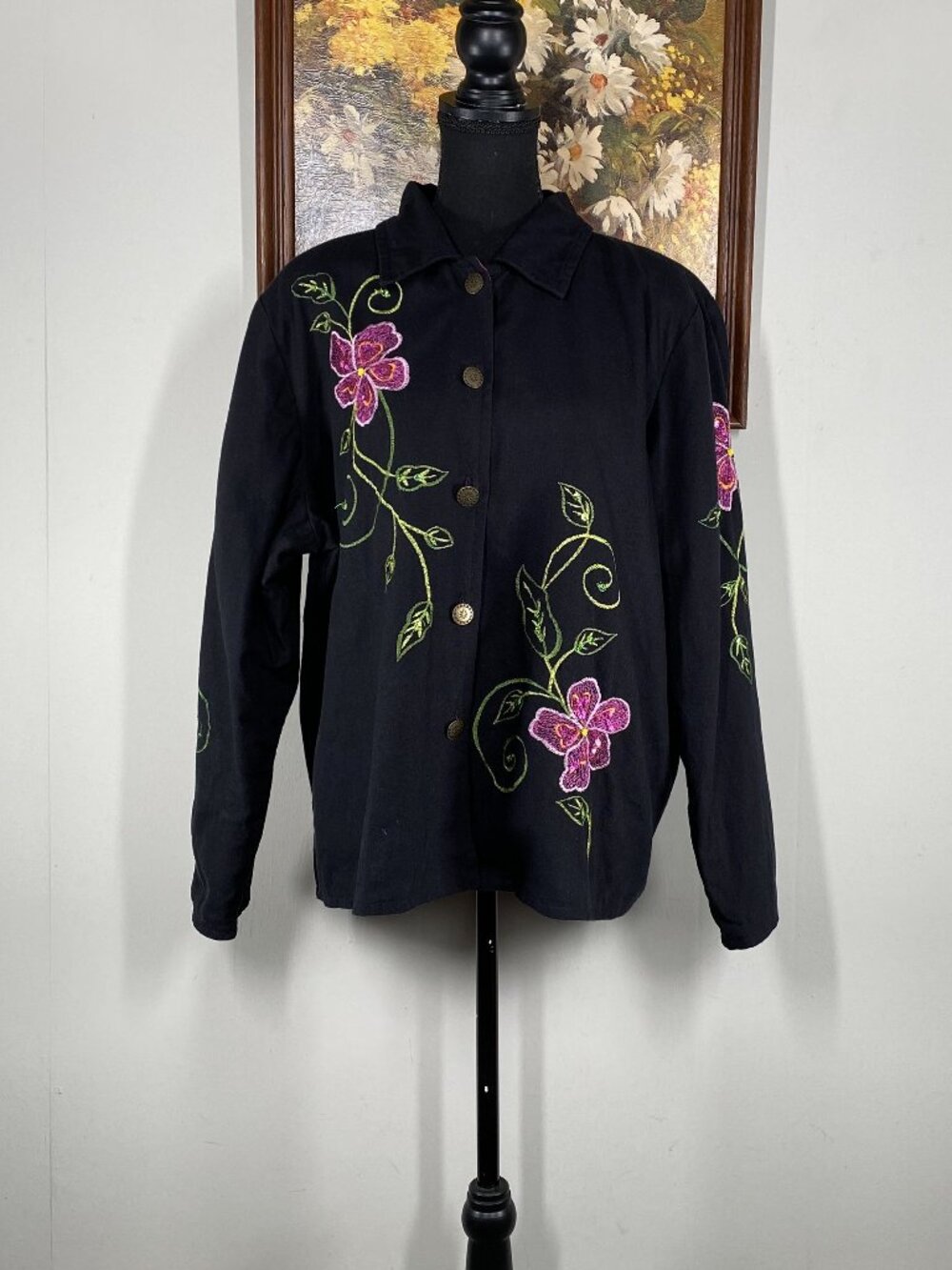Alex Kim Button Up Jacket Top Women's 1X Black Floral Embroidered Lined Casual